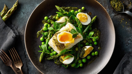 A delicious gourmet dish features a poached egg and fresh green vegetables. It's a culinary masterpiece with vibrant colors and textures