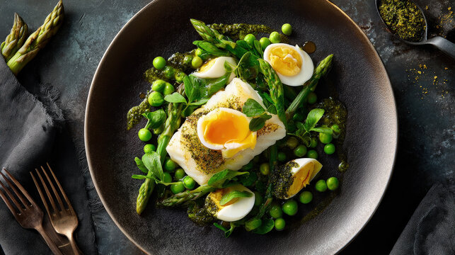 A delicious gourmet dish features a poached egg and fresh green vegetables. It's a culinary masterpiece with vibrant colors and textures