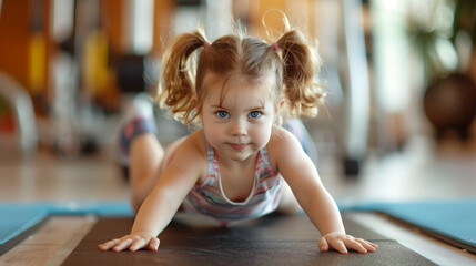 A determined toddler practicing a crawling position on a mat in a gym environment, showcasing early physical development and activity