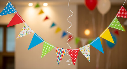 Colorful festive bunting flags strung together creating a joyful celebratory atmosphere for a party or special occasion