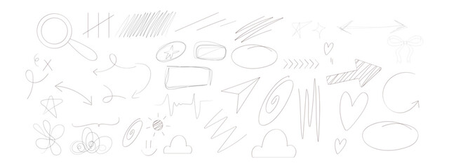 Hand drawn pencil text underline, oval, chalked arrows, check marks. Doodle charcoal stroke emphases, arrow, highlight, speech bubble elements. Marker, pen brush stroke. Vector 
