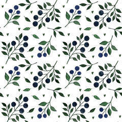 Watercolor seamless pattern of green branches adorned with blue forest berries on a clean white background.