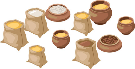Isometric sacks and clay pots filled with grains, flour, spices, rustic food storage containers, traditional market supplies illustration collection design