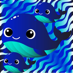 Whale Family: A heartwarming depiction of a mother whale and her two calves, swimming through a stylized ocean.