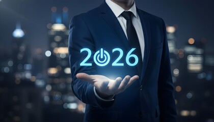 Businessman holding a glowing 2026 power-on symbol, representing the start of a new business era against a city skyline.