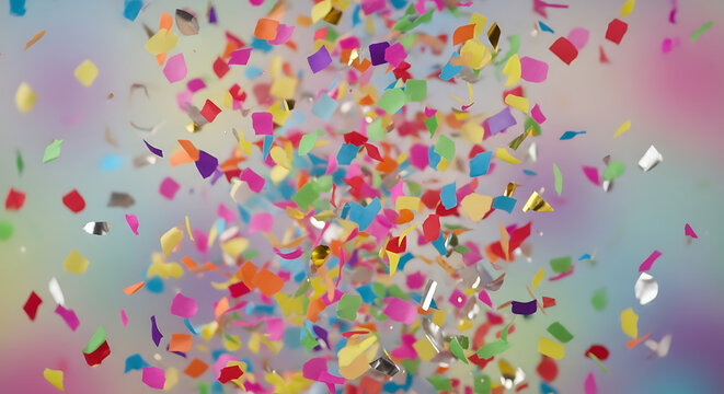 Vibrant explosion of colorful confetti and metallic streamers falling and swirling in a celebratory burst against a soft pastel gradient background - Powered by Adobe