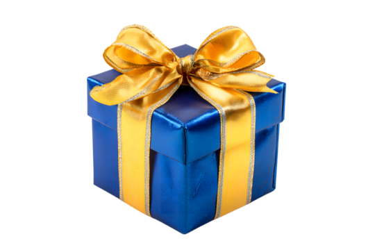 A Shiny Blue Gift Box Adorned with a Festive Gold Ribbon on a Transparent Backdrop for Celebratory Designs - Powered by Adobe