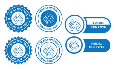 For all skin types label icon set. Face beauty women skin care packaging label for cream, toner, moisturizer, facial mask, lotion, logo, badge, symbol, black, line vector, isolated on white background