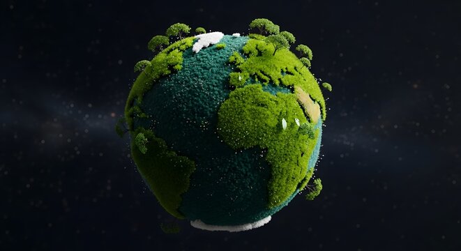 Earth globe covered in grass and trees floating in dark space