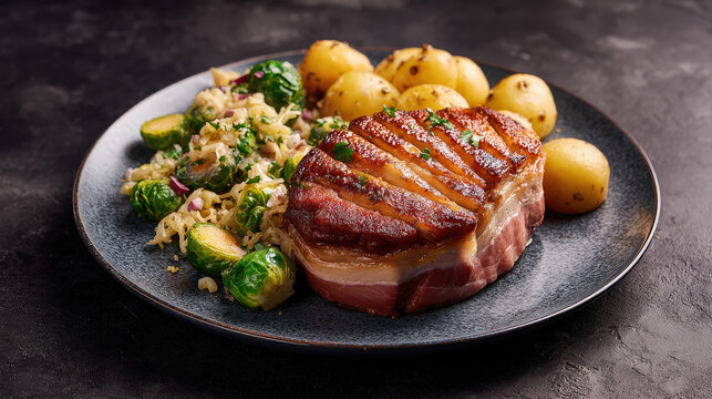 A gourmet meal with a beautifully cooked meat, potatoes, and other vegetables arranged artfully on a plate. The dish looks appetizing and ready to enjoy