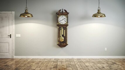 Grandfather clock in a room with a door and hanging lamps.