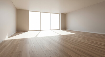 Wide shot of a modern, empty room featuring a pristine, light-colored hardwood floor (e.g., maple or birch) and a single, large window. Natural light streams across the floor, highlighting the wood .