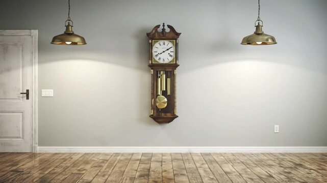 Grandfather clock in a room with a door and hanging lamps.
