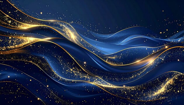 An abstract image featuring flowing blue ribbons highlighted with sparkling golden accents and a dark blue background