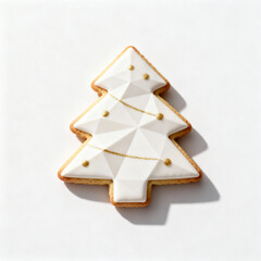 Biscoito natalino minimalista, formato geométrico com decoração dourada sutil, textura suave e sombra delicada sobre fundo branco puro, elegante e moderno