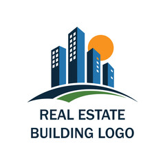 Modern Real Estate Building Logo Design with Skyline and Sun Icon