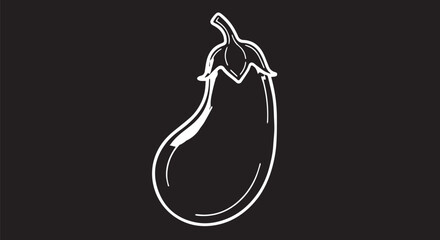 Minimalist white line drawing of an eggplant on dark background, simple and elegant food illustration.
