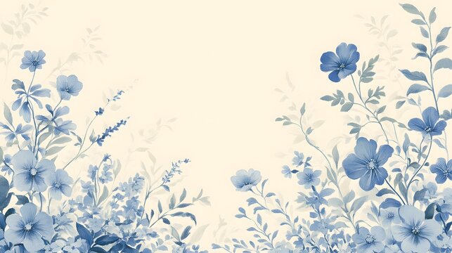 Delicate blue floral border design frames a central pale cream background space