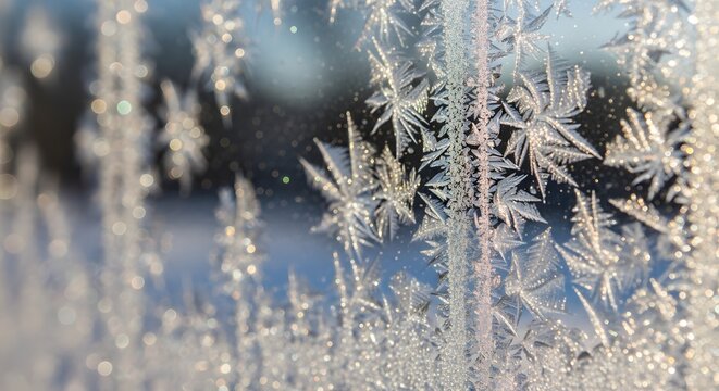 Delicate ice crystals forming intricate frost patterns on a frozen window pane with a blurry winter background.