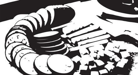 Monochrome illustration of sliced sausage and bread crackers arranged on a platter.