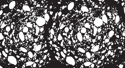 Abstract black and white bubble pattern with circular foam texture and scattered speckled circles.