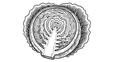Detailed monochrome illustration of a hand reaching into a circular layered cross section with a surreal interior and concentric rings.