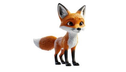 Cartoon fox with orange fur, black legs, and a fluffy tail standing upright and looking to the side, white background