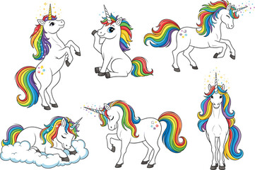 Cartoon Unicorn Vector Set with Rainbow Mane, Golden Horn, Cute Expressions — Fantasy Magical Creatures for Kids and Nursery Design