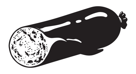 Black and white illustration of a cured sausage on its side.