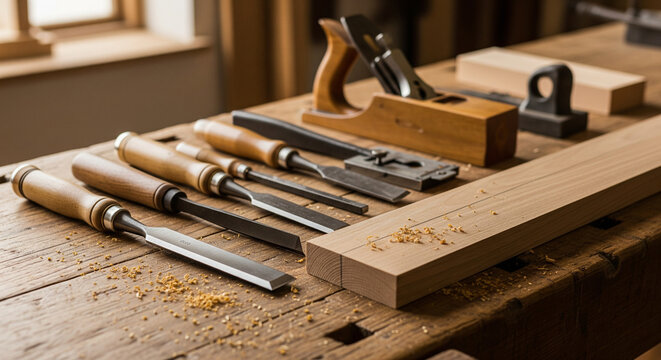  Close-up of a carpenter's workbench (clean, organized) with a few essential, well-maintained hand tools (e.g., chisel, plane) and a piece of unfinished timber. Sawdust is subtly present. Usage 'Craft