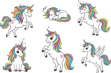 Cartoon Unicorn Vector Set with Colorful Mane, Golden Horn, Cute Expressions, Wings and Paw Prints — Fantasy Animals for Kids Design