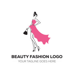 Elegant Fashion Woman Logo in Pink Dress – Beauty Boutique Branding Illustration