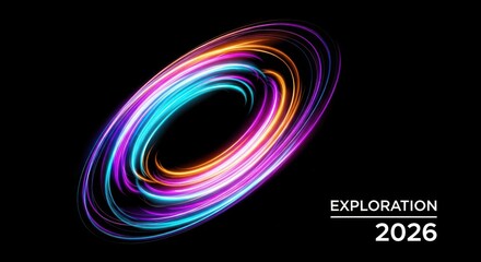 Vibrant light trails swirl in a mesmerizing dance against a black backdrop