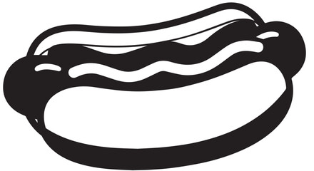 Illustration of a classic hot dog in a bun with condiments on a plain background.