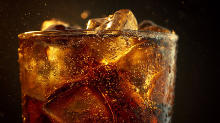 氷が入った冷たいコーラのクローズアップ、グラスについた水滴と弾ける炭酸の泡