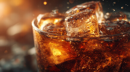 氷が入った冷たいコーラのクローズアップ、グラスについた水滴と弾ける炭酸の泡