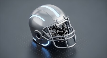 A high-tech metallic sports helmet featuring glowing LED accents and a digital mesh faceguard, displayed on a modern grid surface in a clean,