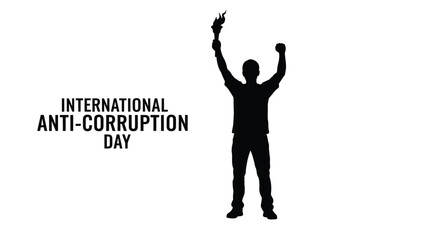 Silhouette of a person raising a hand with anti corruption day text