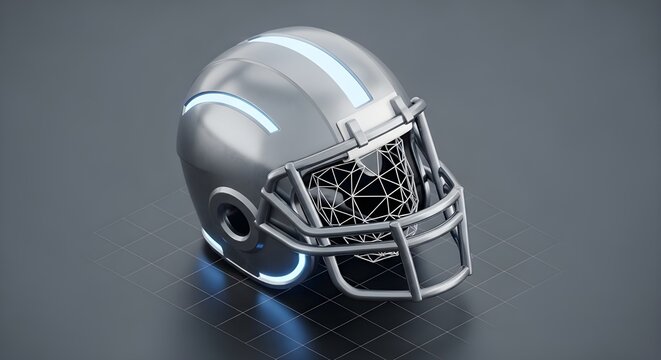 A high-tech metallic sports helmet featuring glowing LED accents and a digital mesh faceguard, displayed on a modern grid surface in a clean,