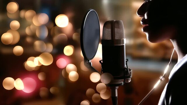 Softly blurred faceless outline of the narrator behind a microphone, warm diffuse bokeh filling the frame edges, with copy space