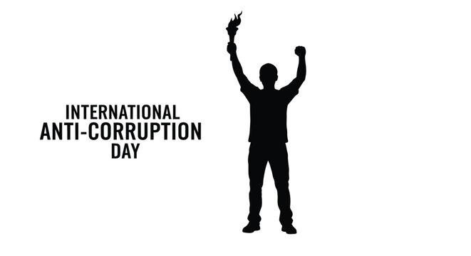Silhouette of a person raising a hand with anti corruption day text