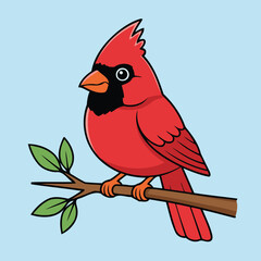 Cute Northern Cardinal Perching on Branch Red Bird Character Vector Illustration