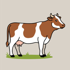 Cute Dairy Cow Standing on Grass Brown and White Farm Animal Character Vector Illustration