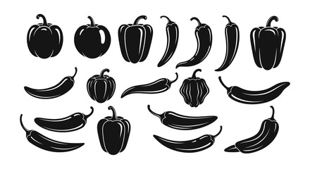 A collection of various black and white pepper illustrations in different shapes