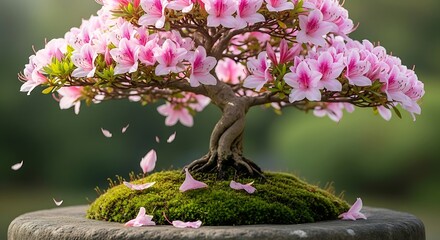 Beautiful Pink Azalea Bonsai Tree in Full Bloom with Falling Petals.