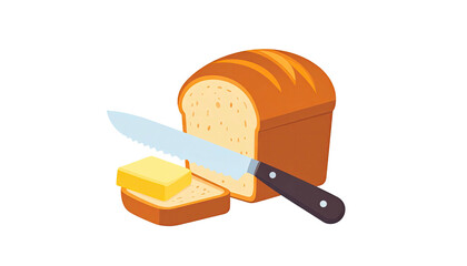 Fresh loaf of bread with a slice buttered by a sharp knife.