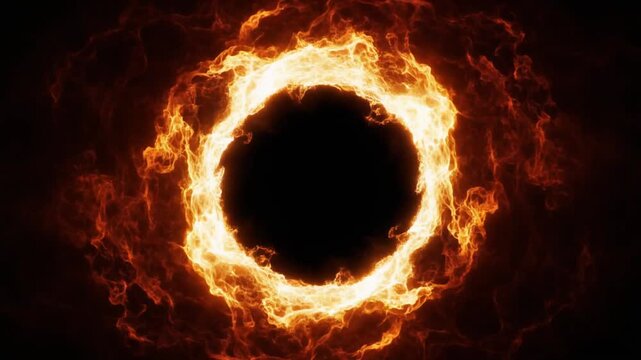 Abstract glowing ring of fire and smoke on a black background.