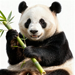 Obraz premium Cute Giant Panda bear holding and eating fresh bamboo isolated on white background