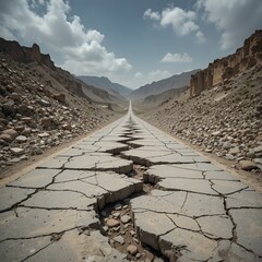 Earthquake Devastation - Cracked Road and Damaged Buildings After Seismic Activity. 
