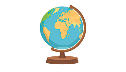 A colorful illustration of a world globe on a wooden stand representing geography and education.